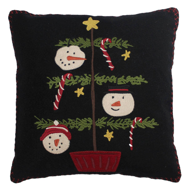 Snowmen Fun Tree Wool-Felt Christmas Pillow – 14"