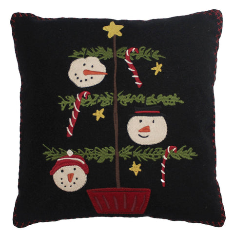 Snowmen Fun Tree Wool-Felt Christmas Pillow – 14"