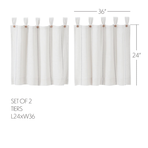 Stitched Burlap White Tier Curtains 24x36 | Farmhouse Window Set of 2