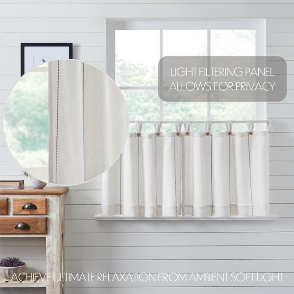 Stitched Burlap White Tier Curtains 24x36 | Farmhouse Window Set of 2