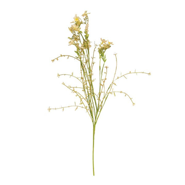 Spring Wildflower Spray is a neutral green pick embellished with antiquated cream blossoms. The pick has a flexible base and is the perfect addition to any floral arrangement or filler for a vase, bottle, or jar. The pick measures 22” long.