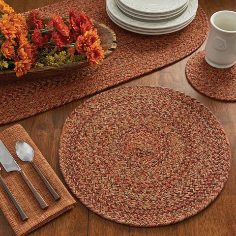 A beautiful blend of fall colors are used to create the Allspice Braided Placemats.  Colors: Pumpkin, Brownstone & Farmhouse Tan