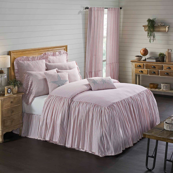 Timeless Ticking Red Ruffled California King Bedspread 84Lx72W+27