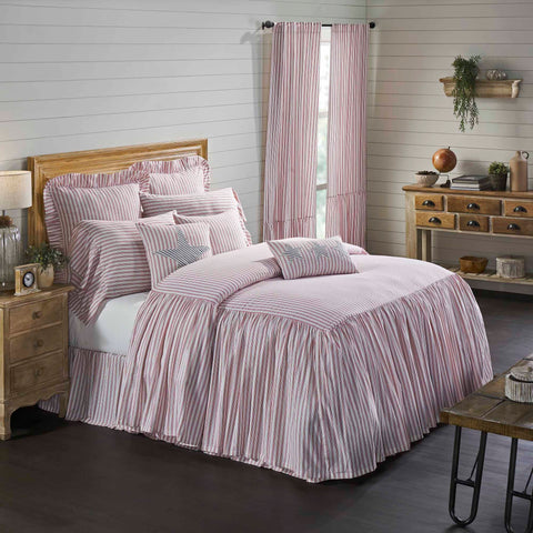Timeless Ticking Red Ruffled King Bedspread 80Lx76W+27