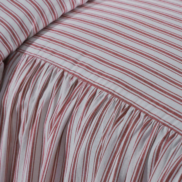 Timeless Ticking Red Ruffled Twin Bedspread 76Lx39W+27