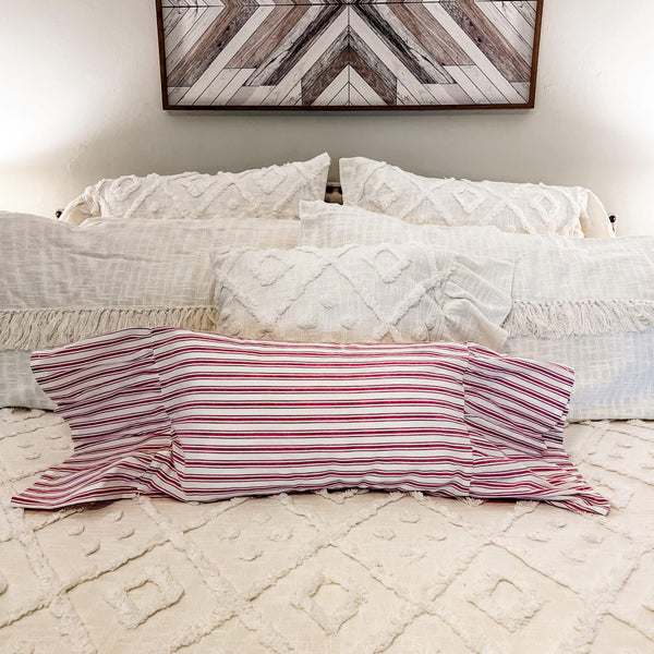 Timeless Ticking Red Ruffled Pillow Cover 20Lx12W