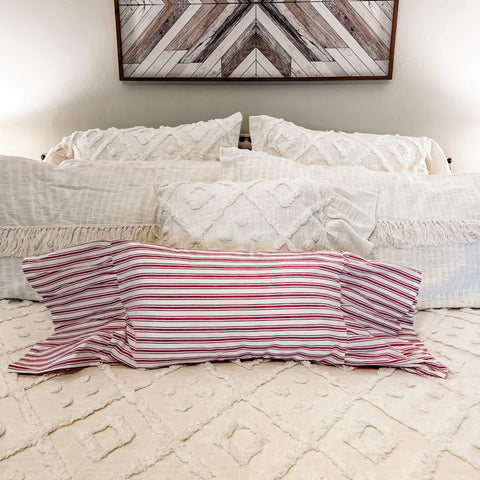 Timeless Ticking Red Ruffled Pillow Cover 20Lx12W