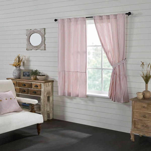 Timeless Ticking Red Ruffled Short Panel Set of 2 63Lx36W