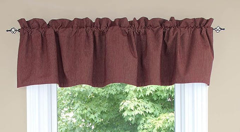 The Primitive Ticking Wine Lined Valance is 72" by 15.5" and features a classic wine with tan ticking pattern.