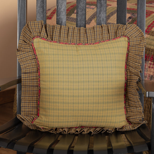 This earthy accent pillow cover creates warmth when added to your couch, chair or bedding ensemble. Woodsy green plaid is accented with deep red piping and a generous ruffle. Reverses to deep red plaid with button closures.