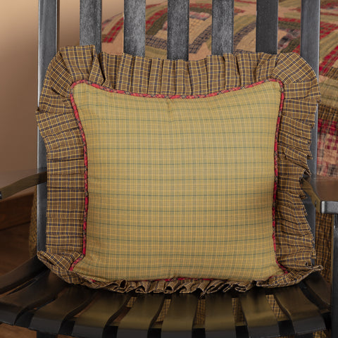 This earthy accent pillow cover creates warmth when added to your couch, chair or bedding ensemble. Woodsy green plaid is accented with deep red piping and a generous ruffle. Reverses to deep red plaid with button closures.