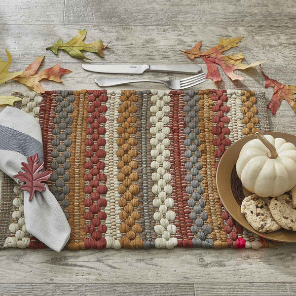 Add warmth and style to your fall table with the Gathered Pumpkin Chindi Placemats! Tones of barn red, pumpkin, stone, and antique white combine to create a charming pattern! Colors: Stone Grey, Antique White, Barn Red & Pumpkin Orange