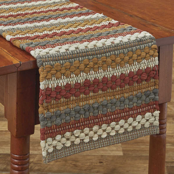 Add warmth and style to your fall table with the Gathered Pumpkin Chindi Table Runners! Tones of barn red, pumpkin, stone, and antique white combine to create a charming pattern! Colors: Stone Grey, Antique White, Barn Red & Pumpkin Orange