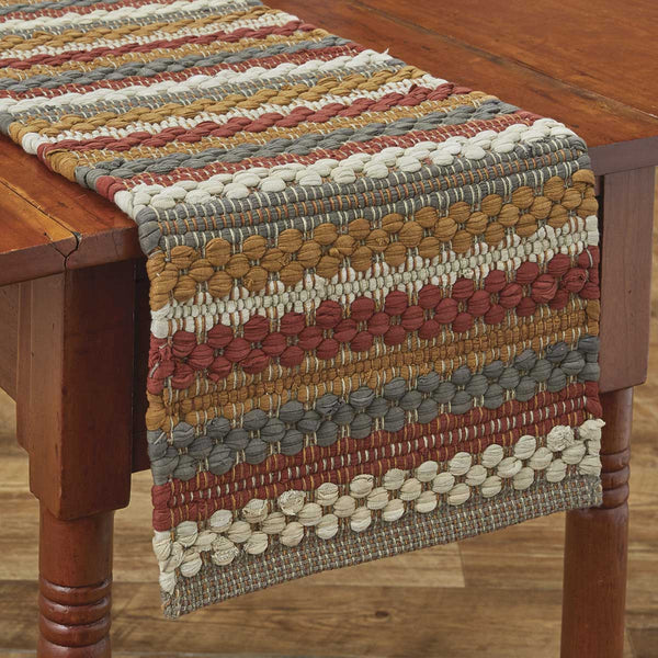 Add warmth and style to your fall table with the Gathered Pumpkin Chindi Table Runners! Tones of barn red, pumpkin, stone, and antique white combine to create a charming pattern! Colors: Stone Grey, Antique White, Barn Red & Pumpkin Orange