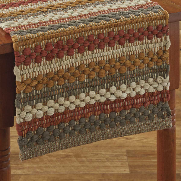 Add warmth and style to your fall table with the Gathered Pumpkin Chindi Table Runners! Tones of barn red, pumpkin, stone, and antique white combine to create a charming pattern! Colors: Stone Grey, Antique White, Barn Red & Pumpkin Orange