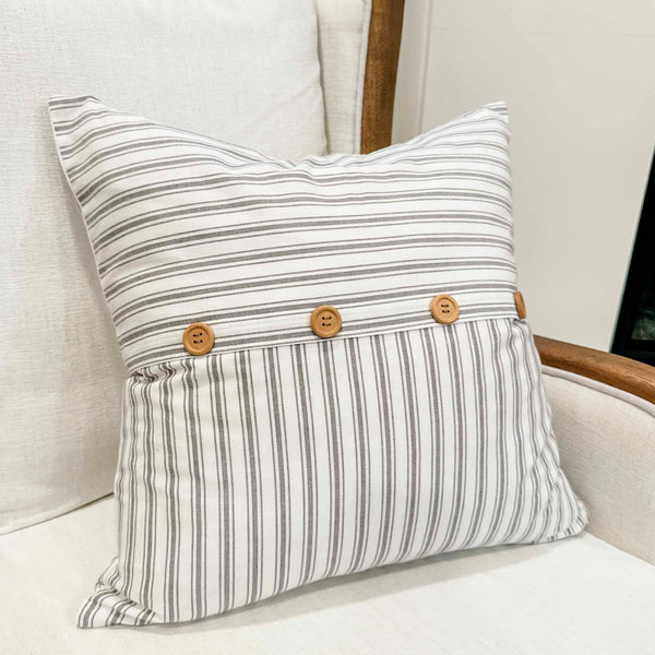 Timeless Ticking Gray Button Pillow Cover 20Lx20W