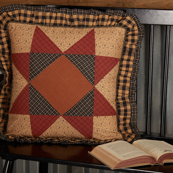 Our Maisie Patchwork Pillow Cover warms your home with barn red, golden tan, and black color scheme. This lovely color combination is arranged in an eight-pointed patchwork star on a floral ditsy print background in black and tan. The gathered ruffles on the edge add country class to this primitive look to your favorite couch or chair.