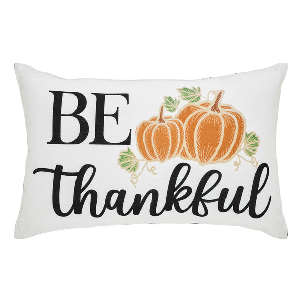 Annie Farmhouse Fall Decor Throw Pillow, Black Check Pumpkin Be Thankful Accent Pillow 14x22