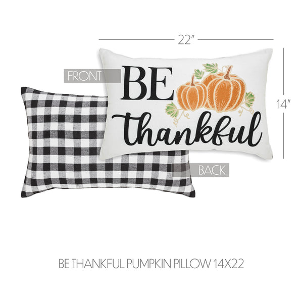 Annie Farmhouse Fall Decor Throw Pillow, Black Check Pumpkin Be Thankful Accent Pillow 14x22