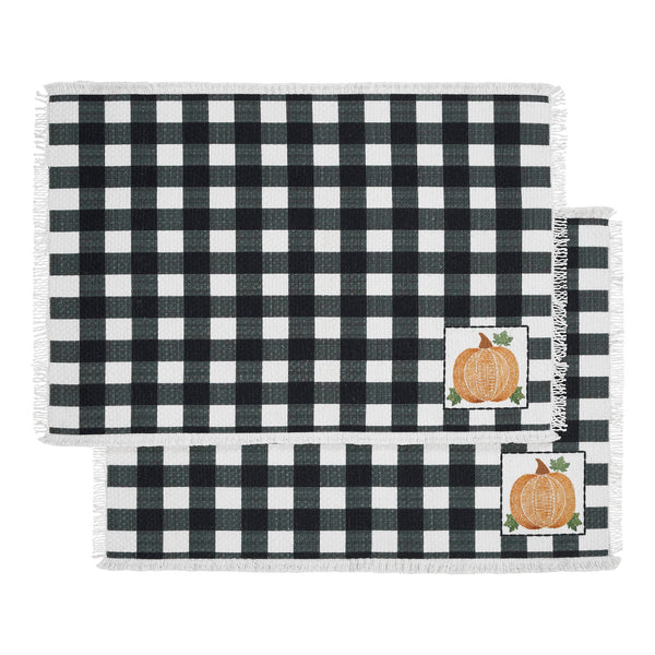 Annie Farmhouse Fall Black Check Pumpkin Placemat Set of 2 Autumn Harvest Table Linens 13x19