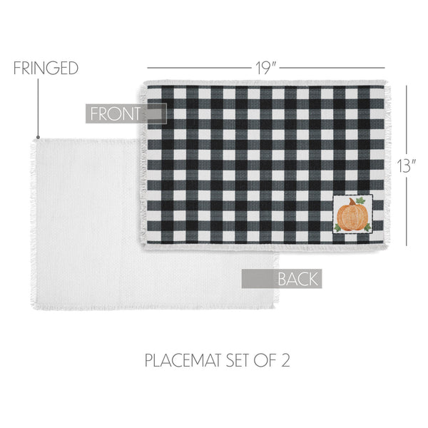 Annie Farmhouse Fall Black Check Pumpkin Placemat Set of 2 Autumn Harvest Table Linens 13x19