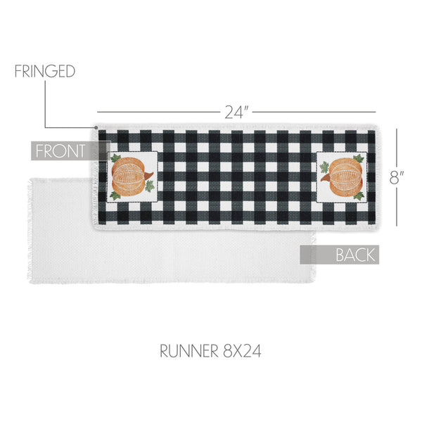 Annie Black Check Pumpkin Fall Harvest Farmhouse Table Runner 8x24 Inch Buffalo Plaid