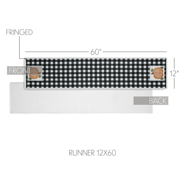 Annie Black Gingham Check Pumpkin Table Runner 12x60, Fall Harvest Farmhouse Kitchen Decor