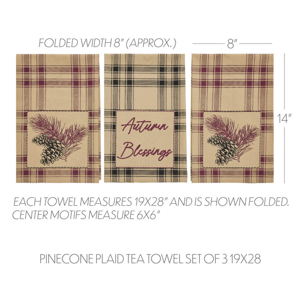 VHC Brands Connell Pinecone Plaid Cotton Kitchen & Dish Towel Set, 3 Absorbent Rustic Farmhouse Lodge Decor Tea Towels, 19x28 Inch