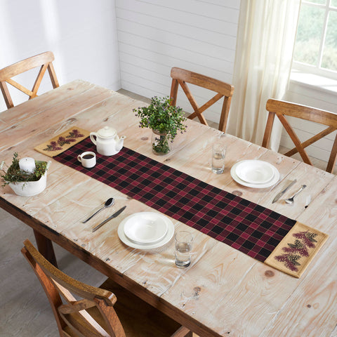ive your tabletop decor a seasonal upgrade with traditional plaid in deep tones with pinecone accents. The Connell Pinecone Runner measures 12 by 60 inches and features a woven base in 100 percent cotton. The dark fall table runner features a burgundy and black plaid base flanked by tan blocks featuring a primitive pinecone and pine needle design. 