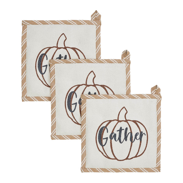 Fall Autumn Pumpkin Gather Trivet Set of 3, 8x8 Inch Hot Pads for Kitchen Countertop & Dining Table Decor, Harvest Themed Home Decor