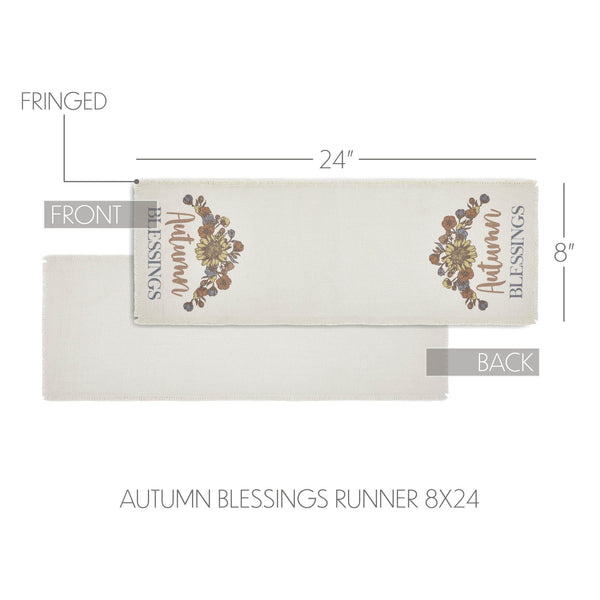 VHC Brands Autumn Blessings Cotton Farmhouse Table Runner 8x24 Fall Harvest Thanksgiving Decor with Pumpkins, Leaves, Berries