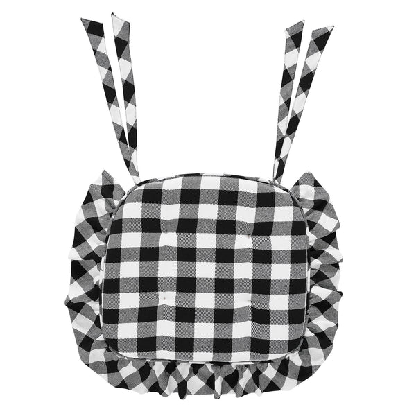 Annie Black White Ruffled Check Farmhouse Country Chair Pad 15.5x17 - VHC Brands