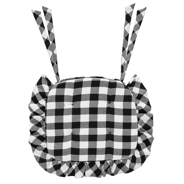 Annie Black White Ruffled Check Farmhouse Country Chair Pad 15.5x17 - VHC Brands