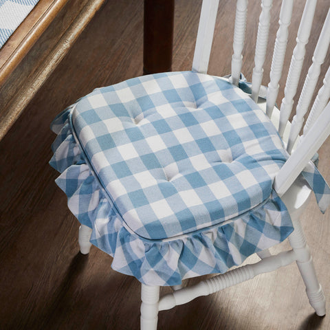 Annie Blue White Ruffled Check Farmhouse Country Chair Pad 15.5x17 - VHC Brands
