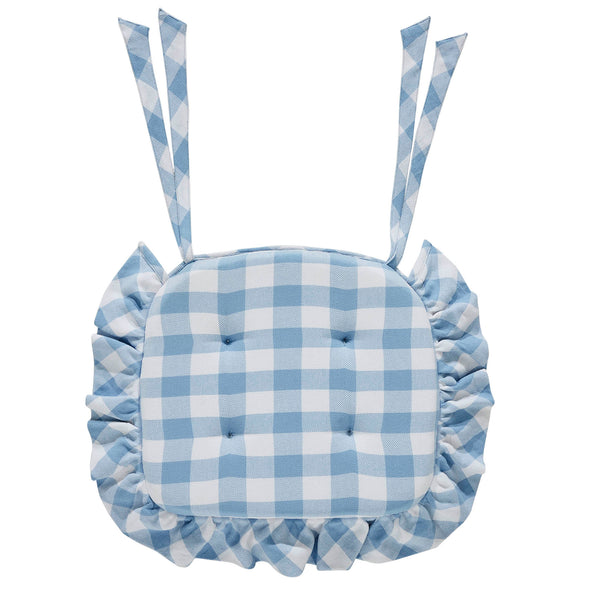 Annie Blue White Ruffled Check Farmhouse Country Chair Pad 15.5x17 - VHC Brands