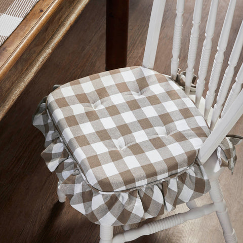 Annie Portabella Tan Ruffled Check Farmhouse Chic Chair Pad 15.5x17 - VHC Brands