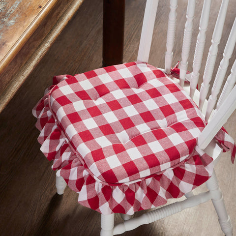 Annie Red White Ruffled Check Farmhouse Country Chair Pad 15.5x17 - VHC Brands