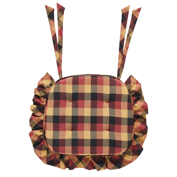 Heritage Farms Burgundy Black Tan Ruffled Country Chair Pad 15.5x17 - VHC Brands