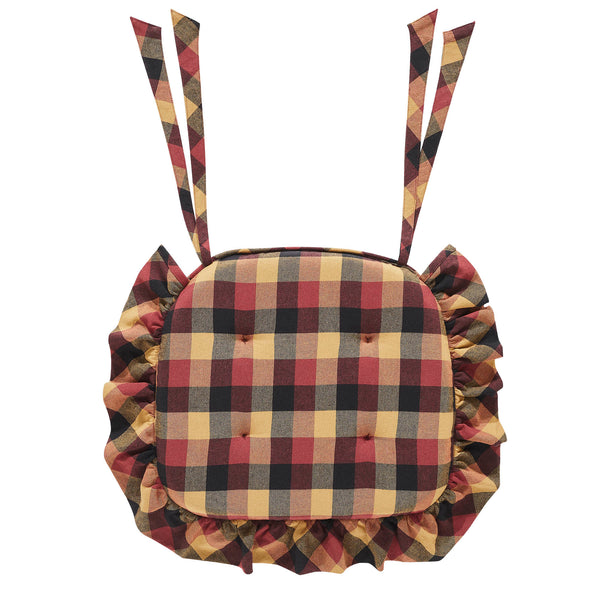 Heritage Farms Burgundy Black Tan Ruffled Country Chair Pad 15.5x17 - VHC Brands