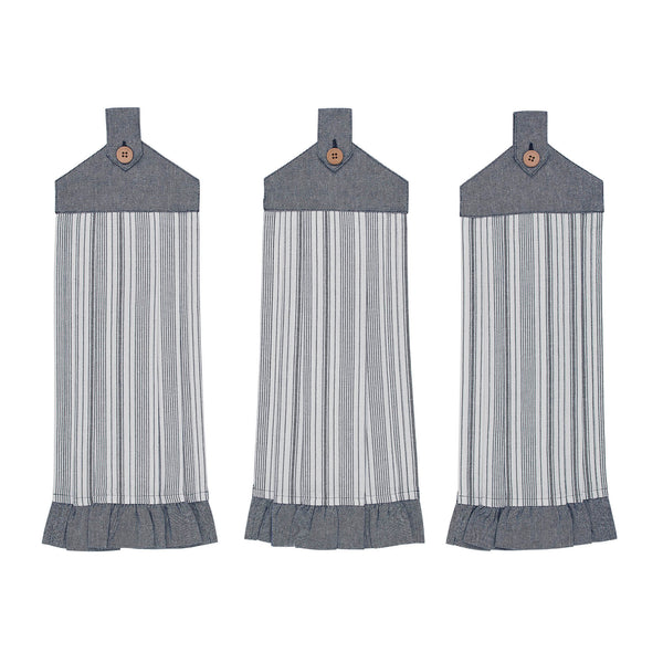 Sawyer Mill Blue Ticking Stripe Button Loop Tea Towel Set of 3