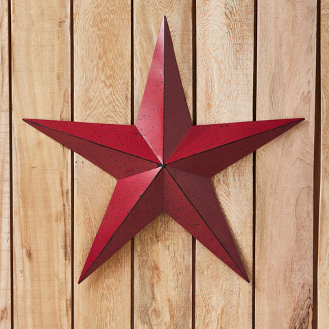 Faceted Metal Star Burgundy Wall Hanging 24x24 Rustic burgundy metal barn star wall décor, 24"x24". Perfect for country, farmhouse, primitive, and patriotic style homes.