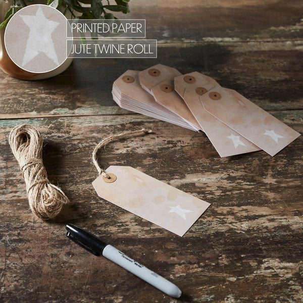 Primitive Star Tea Stained Paper Tag Creme 4.75x2.25 w/ Twine Set of 50