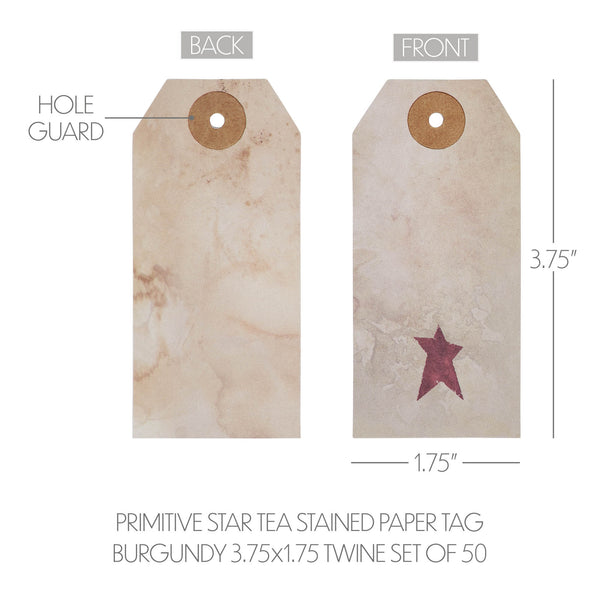 Primitive Star Tea Stained Paper Tag Burgundy 3.75x1.75 w/ Twine Set of 50