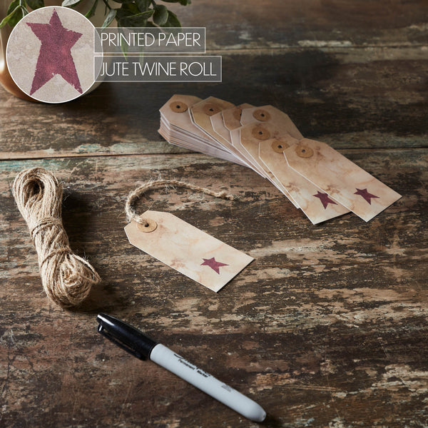 Primitive Star Tea Stained Paper Tag Burgundy 3.75x1.75 w/ Twine Set of 50