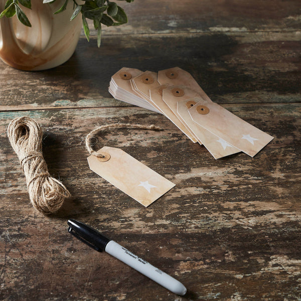 Primitive Star Tea Stained Paper Tag Creme 3.75x1.75 w/ Twine Set of 50