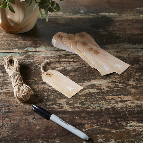 Primitive Star Tea Stained Paper Tag Creme 3.75x1.75 w/ Twine Set of 50