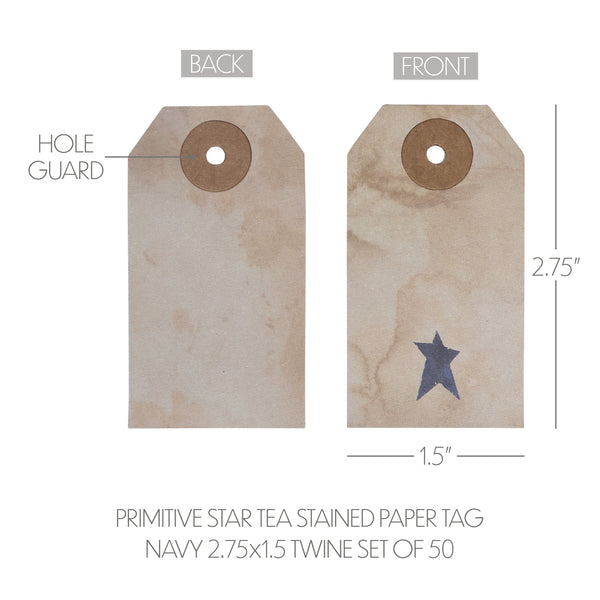 Primitive Star Tea Stained Paper Tag Navy 2.75x1.5 w/ Twine Set of 50
