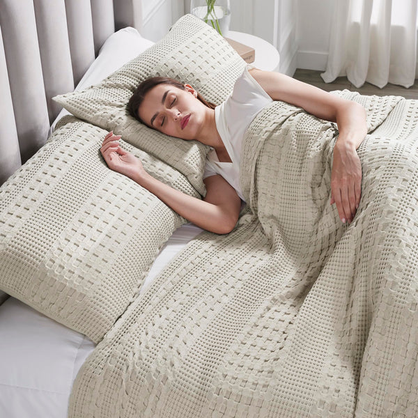 VHC Brands Waffle Weave Natural Queen Shams (Set of 2), 20x30 - Farmhouse & Boho Decorative Pillow Covers for Bedroom Decor