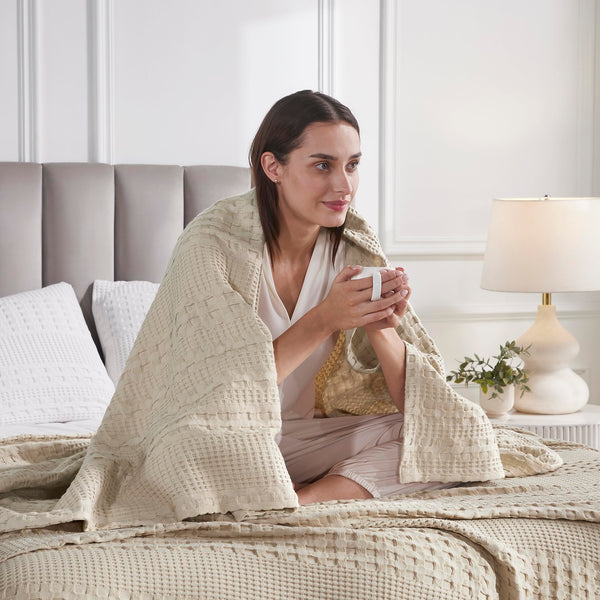 VHC Brands Waffle Weave Natural Throw 50x60 - Cotton Decorative Blanket for Bed, Couch, Sofa | Boho Farmhouse Home Decor