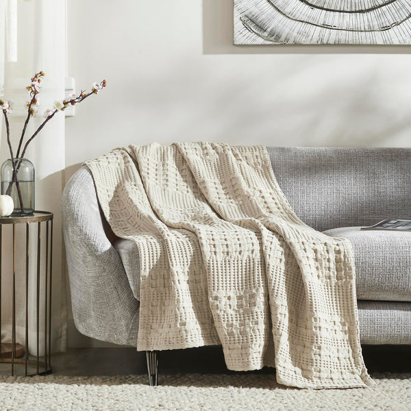 50x60 natural cotton waffle weave throw, soft and breathable with rustic farmhouse charm. Perfect for sofa, bed, or chair. Machine washable.